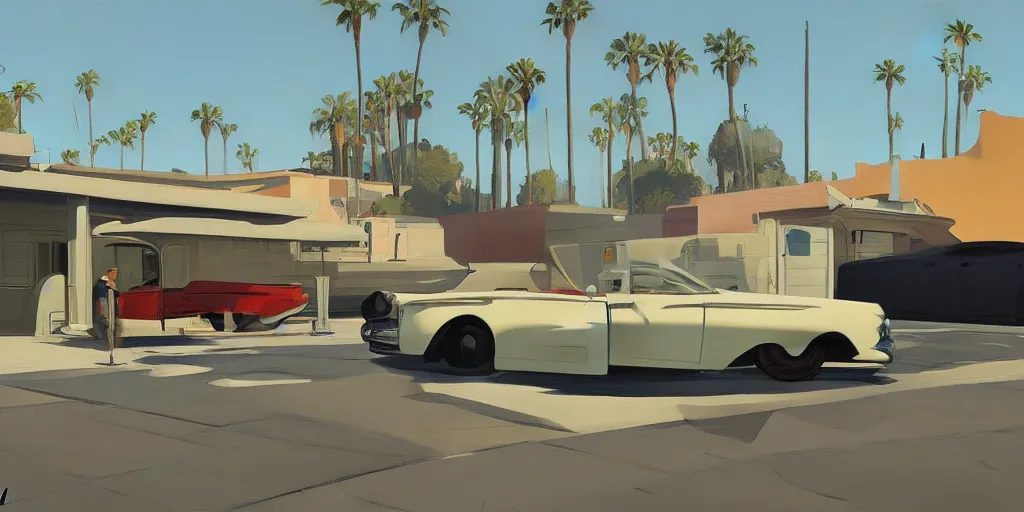 Prompt: art style by Ben Aronson and Edward Hopper and Syd Mead, wide shot view of the GTAV, on ground level.