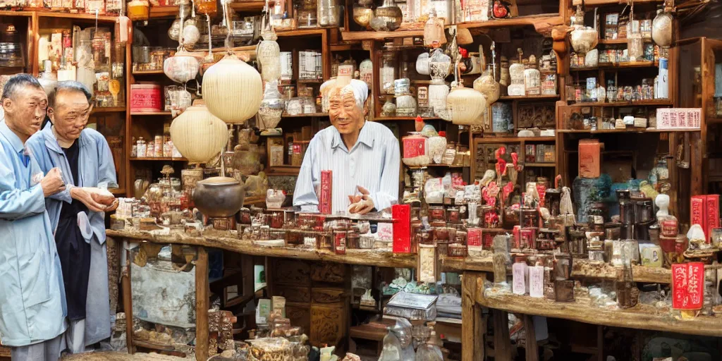 Prompt: ancient chinese traditional medicine shop with an old chinese man holding a jar, photography