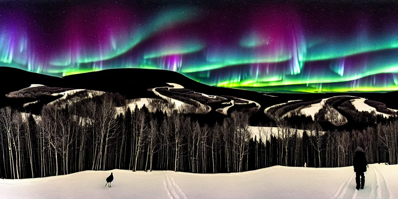 Image similar to laurentian appalachian mountains in winter, unique, original and creative black ink landscape, surrealist artwork, wide angle panorama, snowy night, distant town lights, aurora borealis, deers and ravens, lonely human walking, footsteps in the snow, fascinating textures, outstanding composition