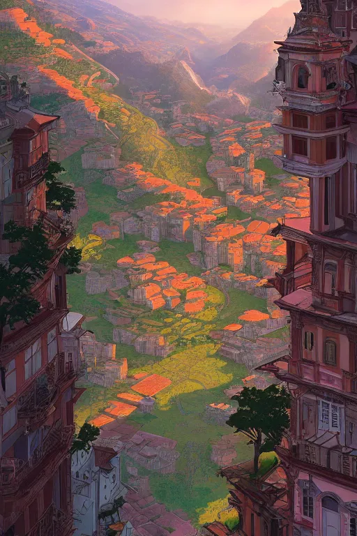 Prompt: Ouro Preto Minas Gerais artwork by Tomer Hanuka Rendering with an giant magical wolf destroying the city . full of details, by Makoto Shinkai and thomas kinkade, Matte painting, trending on artstation and unreal engine