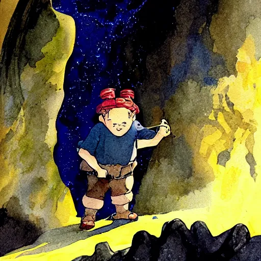 Image similar to dwarf mining for gold in a sparkling dark cave, from studio ghibli, watercolor illustration for a book, proportions, legs of the hand