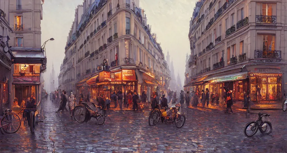 Image similar to paris 1888, street scene, street level, hyperdetailed, vivid colors, artstation, cgsociety, 8k