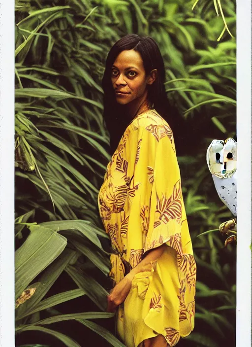 Image similar to grainy head to shoulder portrait Polaroid film photograph of Zoe Saldaña wearing a yellow kimono with a very detailed barn owl on her shoulder!!! in a tropical greenhouse. looking at the camera!!. super resolution. Extremely detailed. Polaroid 600 film. by Annie Leibovitz.