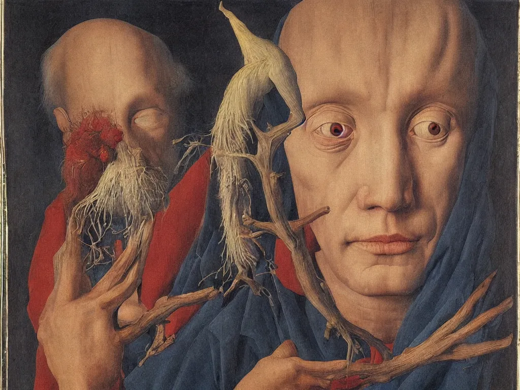 Image similar to Portrait of albino mystic with blue eyes, with anatomy of the eye. Painting by Jan van Eyck, Audubon, Rene Magritte, Agnes Pelton, Max Ernst, Walton Ford