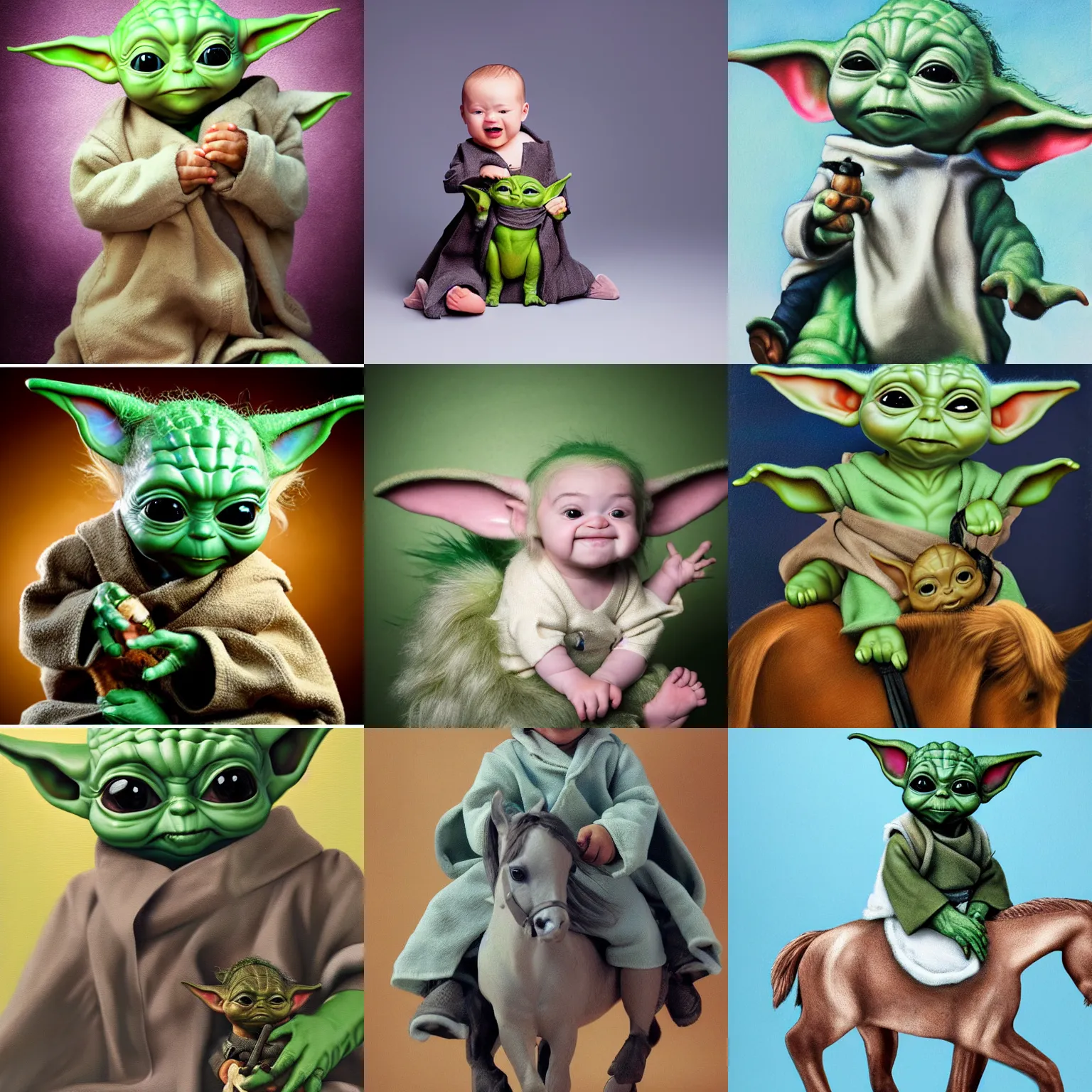 Prompt: baby yoda grogu!!! riding a pony, studio portrait