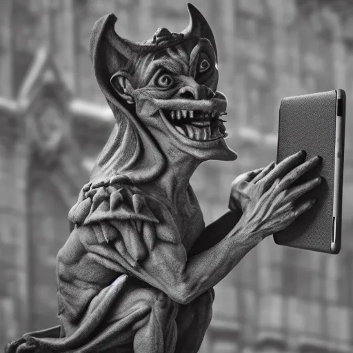 Image similar to a gargoyle using an ipad, happy expression