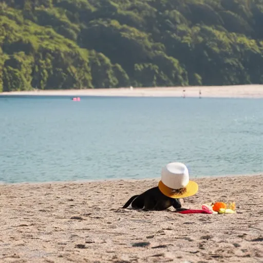 Prompt: Dog with white hat on the beach having a picknick