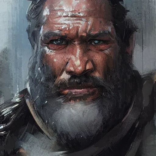 Image similar to portrait of a man by greg rutkowski, old bounty hanter, samoan features, tall and muscular, epic beard, star wars expanded universe, he is about 8 0 years old, wearing tactical gear.