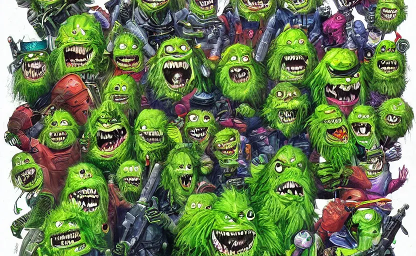 Image similar to an army of different green tennis ball monsters, in space, digital art, fantasy, magic, chalk, chalked, trending on artstation, ultra detailed, detailed, fine details, professional illustration by basil gogos