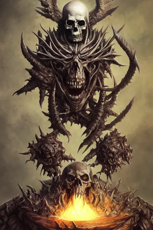 Image similar to death lord stand on skulls, highly detailed, d & d, fantasy, highly detailed, digital painting, trending on artstation, concept art, sharp focus, illustration, global illumination, ray tracing, realistic shaded, art by artgerm and greg rutkowski and fuji choko and viktoria gavrilenko and hoang lap,