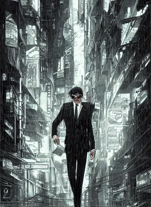 Prompt: manga cover, white man with long brown hair, sunglasses, business suit, serious, intricate cyberpunk city, rain, emotional lighting, character illustration by tatsuki fujimoto