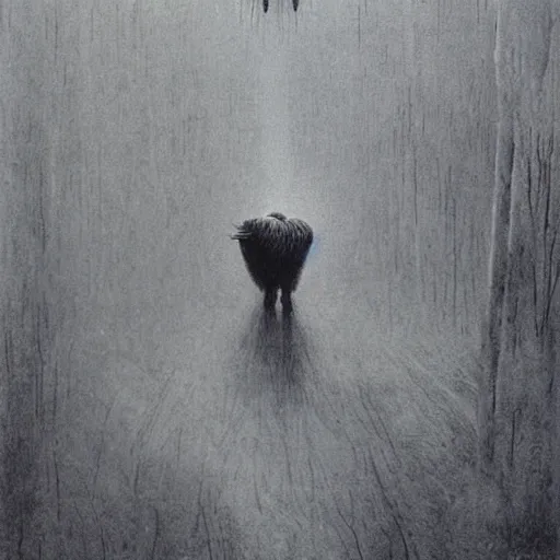 Image similar to the man with the beak of an eagle, the mane of a lion, the horns of a bull. drawn by zdzislaw beksinski