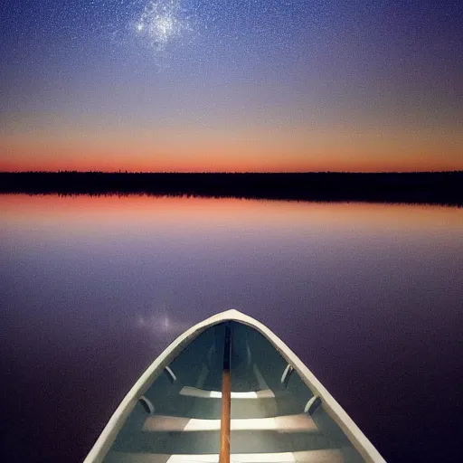 Image similar to A beautiful small boat alone on a lake at twilight with calm waters, the moon shines from above causing light ripples in the water. A small and calm traveller sits in the boat, at prace with himself and the world. A digital art piece designed by psychologists to calm a troubled mind. Tranquil dreams of tepid water, a photo frozen in time. Trending on art station, an award winning masterpiece