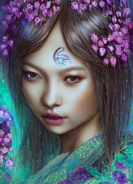 Prompt: portrait of a seductive Lalisa Manobal as a Celestial Goddess of a futuristic pearlescent holographic, captivating look, inside future fighter, sci-fi, fantasy, intricate, lush garden spaceship with sakura season flowers in Kyoto Japan, elegant, human anatomy, royal green and nature light, highly detailed, digital painting, artstation, concept art, smooth, sharp focus, illustration, art by Ryan meinerding, masterpiece, 3d blender