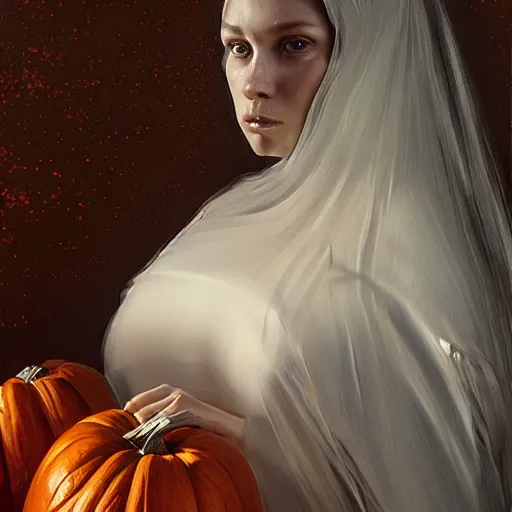 Image similar to epic masterpiece of cinematographic hyperrealism where a man dressed as a pumpkin appears, the background of the image is white. realistic shaded lighting poster by craig mallismo, artgerm, jeremy lipkin and michael garmash, unreal engine, radiant light, detailed and intricate environment, digital art, art station trends