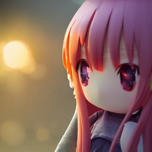 Image similar to cute fumo plush of a girl with a big heart, very long and unkempt hair, stylized pbr, subsurface scattering, outline glow lens flare, blob anime, bokeh, vray