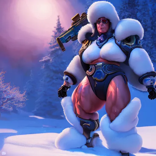 Image similar to a screenshot of arnold schwarzenegger as mei in the snow shooting frost gun in overwatch, portrait, fantasy, beautiful face, vivid colors, elegant, concept art, sharp focus, digital art, hyper - realistic, 4 k, unreal engine, highly detailed, hd, dramatic lighting by brom, trending on artstation