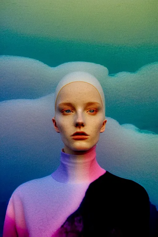 Image similar to high quality pastel coloured film close up wide angle photograph of a model wearing clothing swimming on cloud furniture in a icelandic black rock!! environment in a partially haze filled dreamstate world. three point light, rainbow. photographic production. art directed. pastel colours. volumetric clouds. pastel gradient overlay. waves glitch artefacts. extreme facial clarity. 8 k. filmic.