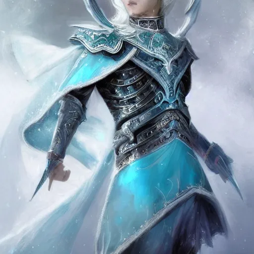 Image similar to handsome male snow elf in a turquoise cape and silver ornate armour as an archer, albino skin, pointed ears, ethereal opalescent mist, moonlight snow, fantasy art, perfect face, elegant, very coherent symmetrical artwork, atmospheric lighting, rule of thirds, by wenjun lin, krenz cushart, charlie bowater, trending on artstation