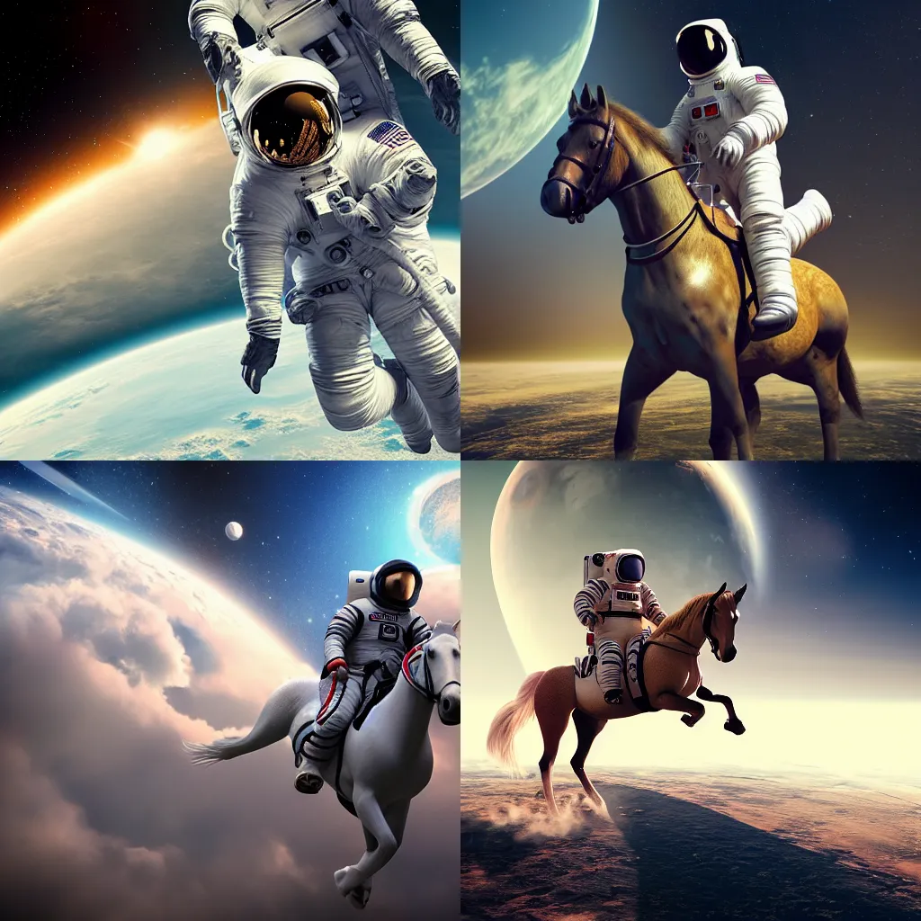 Prompt: astronaut riding a horse in space, perfect composition, very high detail, unreal engine octane render, 8k