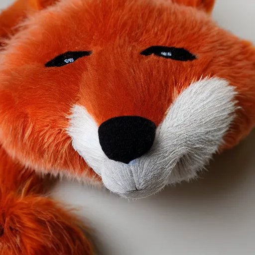 Prompt: Photorealistic furry orange exhausted Fox as a stuffed animal