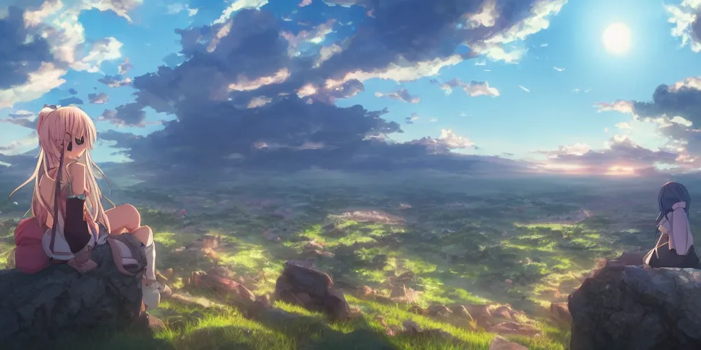 Image similar to isekai masterpiece anime girl sitting on a rock off to the side looking down upon swedish town, during dawn, cinematic, very warm colors, intense shadows, anime illustration, anime screenshot composite background, lens flare