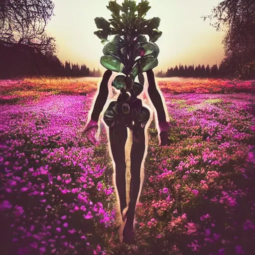 Image similar to A picture of a planet of various flowers, fungus and plants, in which the human figure is dressed in something magical and impressive, inside the picture is infinity, sunset light, Atmospheric phenomenon, artistic photography, muted colors, conceptual