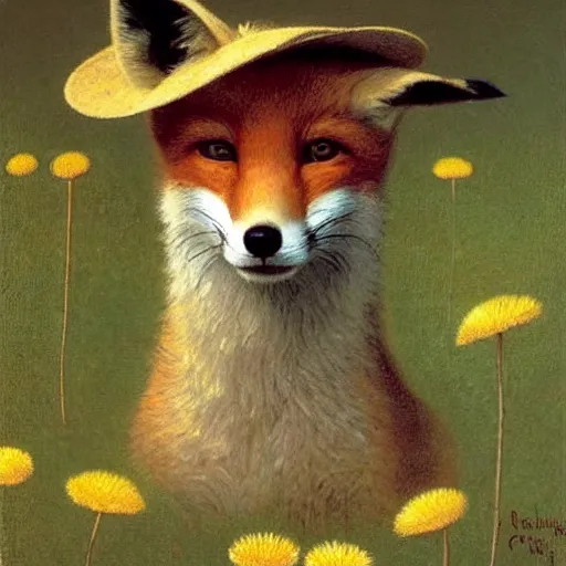 Image similar to A portrait of a fox wearing a hat which is covered in dandelions. The fox is cute and smiling. Painting by Robert Cleminson and William-Adolphe Bouguereau