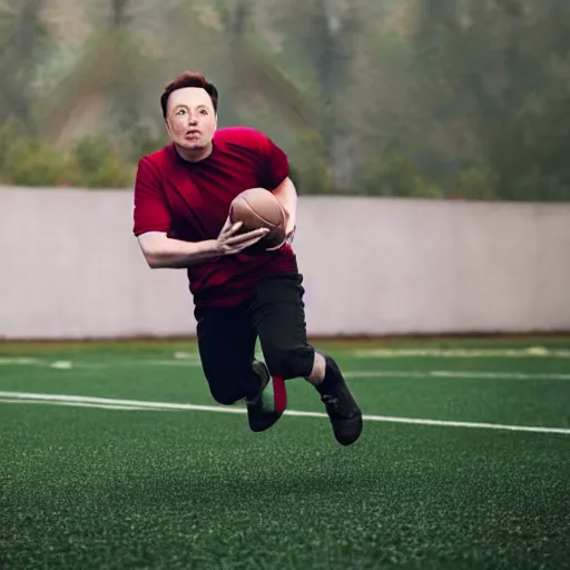 Image similar to elon musk playing football, photography, realistic, 8 k, award winning photography