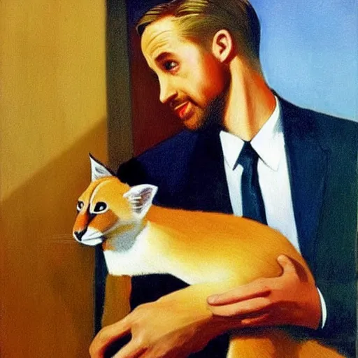 Image similar to Ryan Gosling holding a cute caracal, in the style of Edward Hopper and Rene Magritte, highly detailed