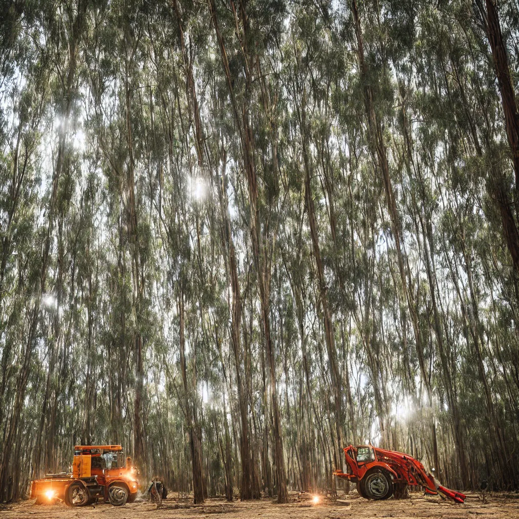 Image similar to long exposure photograph of moving eucalyptus trees in a strong wind, back light, sony ar 7 ii, photographed by julie blackmon