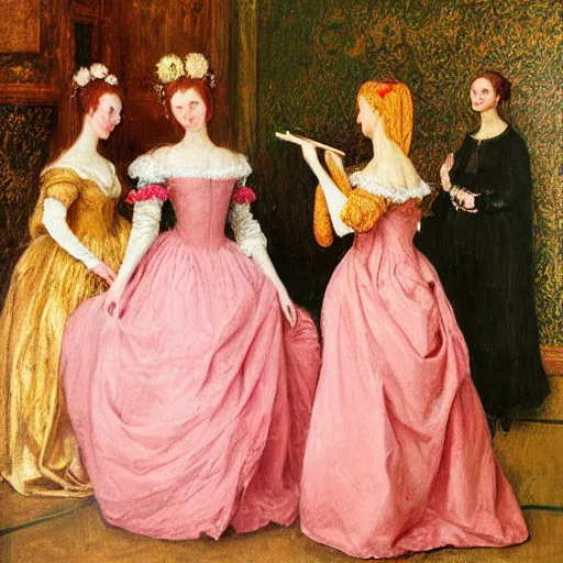 Prompt: group of skinny female artist wearing renaissance dresses, pink and gold flowers in the style of realism, renaissance oil painting, tonalism, rococo, manga