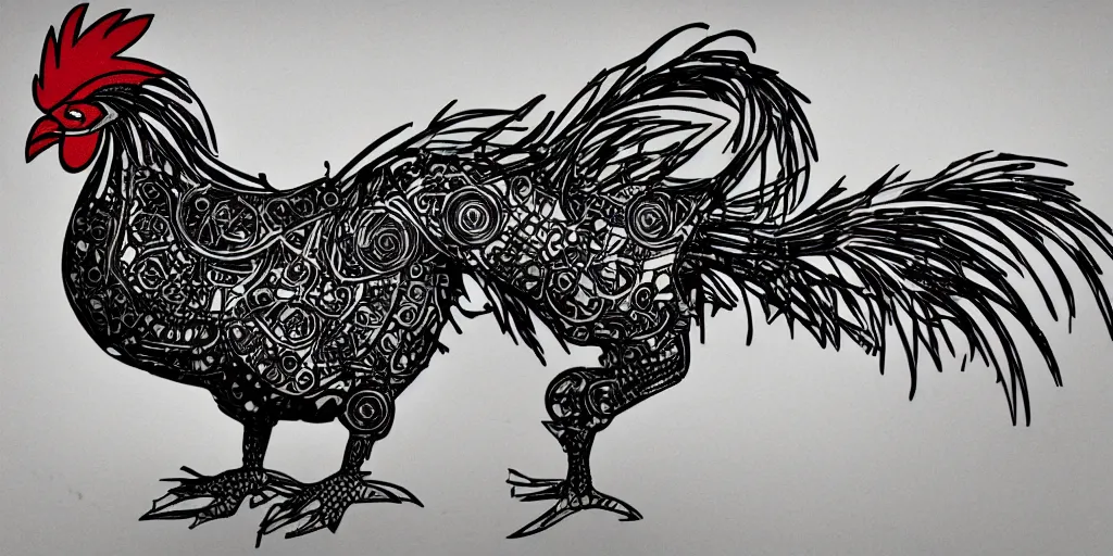 Prompt: schematic of a fighting rooster made of car engine parts, schematic, intricate, highly detailed