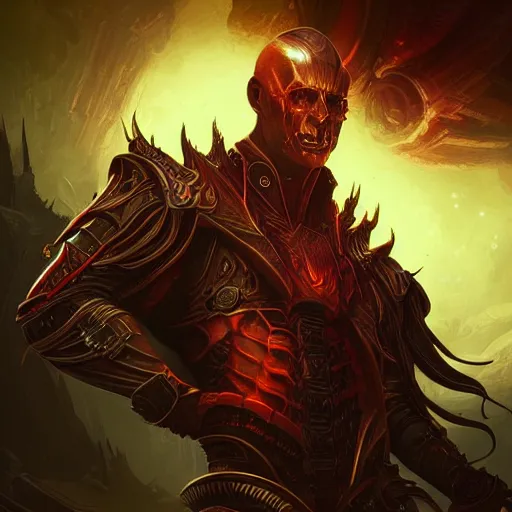 Image similar to elon musk as diablo iii character, digital illustration portrait design, by android jones and greg rutkowski, retrowave color scheme, detailed, cinematic lighting, wide angle action dynamic portrait