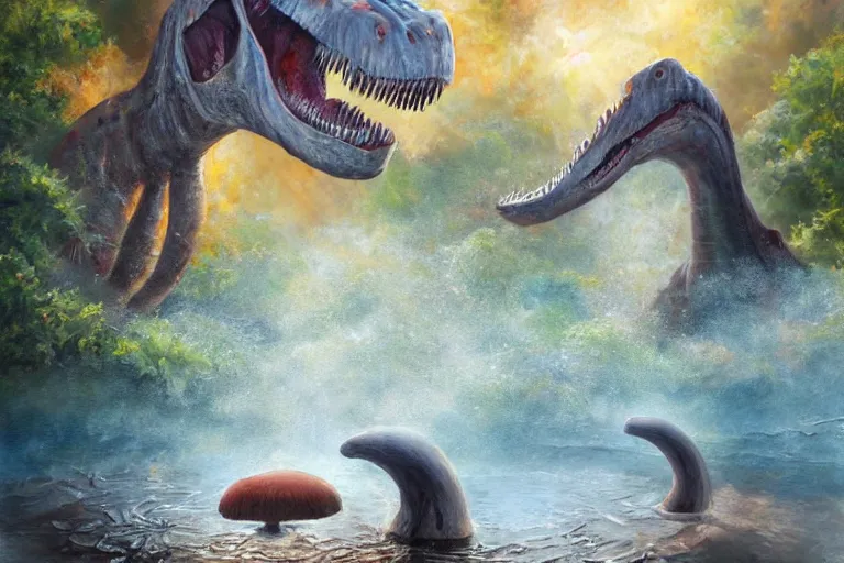 Image similar to highly detailed oil painting of a tyrannosaurus!! ( ( mushroom ) ) in a steaming colorful hotspring, featured on artstation