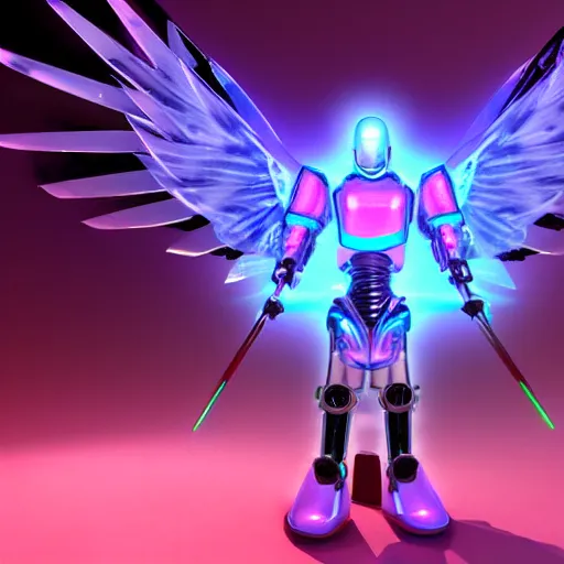 Image similar to robot paladin space warrior knight futuristic with glowing pink hologram angel wings, cinematic lighting, HD, high details, atmospheric