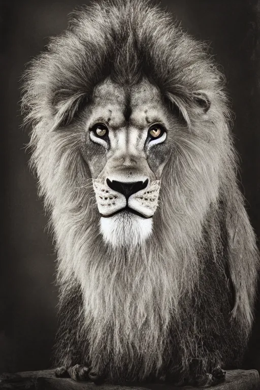 Image similar to a wet plate photo of an anthropomorphic mean looking lion king