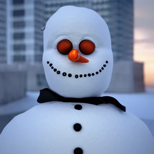 Image similar to a highly detailed humanoid snowman in business suit with black eyes and mouth, no nose, hyperrealism, professional, octane render, full length, digital art