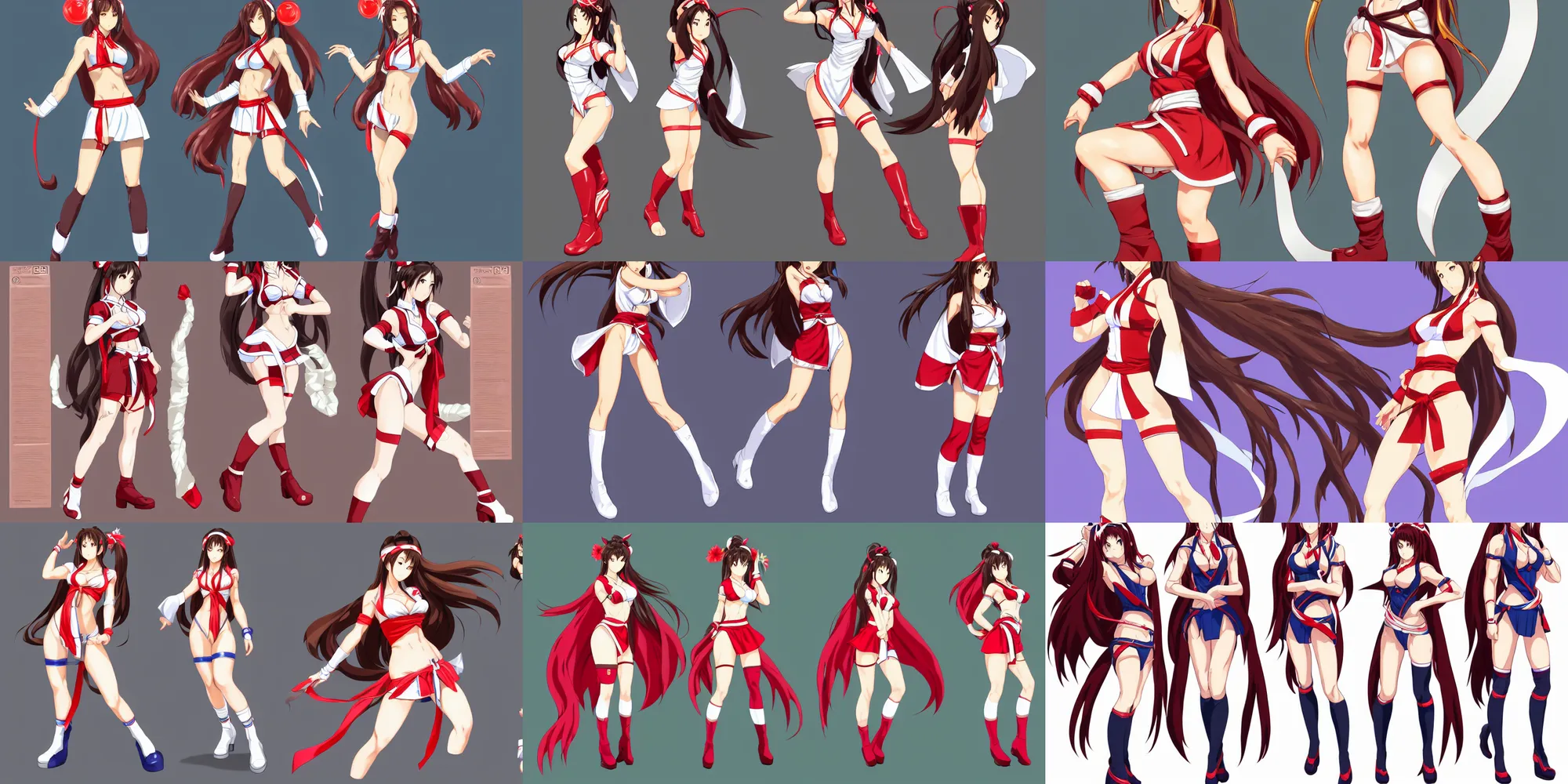 Prompt: Mai Shiranui, Fighter girl, long brown hair, wearing a headband, short pale tunic and white stockings, high boots, azure cape, anime character; full body art, in the Japanese videogame; character reference sheet; trending on artstation, highly detailed, clean lineart, vector line art, clean, by Ilya kuvshinnikov, black background