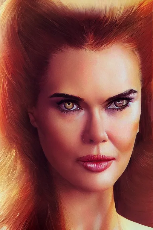 Image similar to mix of beautiful young maria shriver, mariel hemmingway, brooke shields, nicole kidman and elle macpherson as a boa constrictor, thin lips, hair tied up in a pony tail, dark blonde hair, colorful, artstation, cgsociety