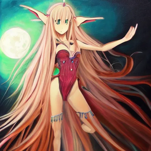 Image similar to oil painting of a long hair anime lady ELF dancing in the moonlight l Trending on Pixiv