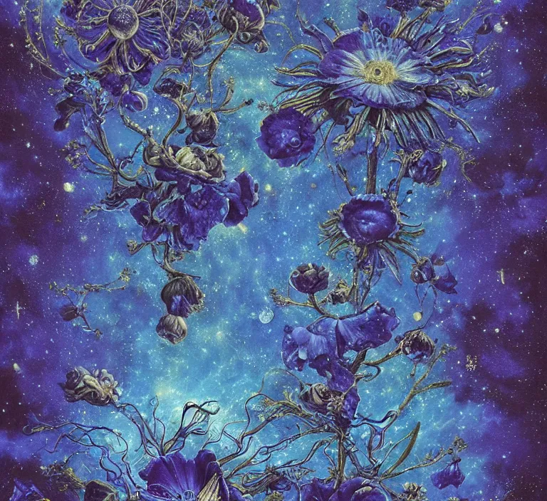 Image similar to detailed, intricate blue black and purple papaverum flower on the field, nebula, galaxy in the sky, winning award masterpiece, fantastically beautiful, illustration, aestheticly inspired, jacek yerka, upscale with anguissola sofonisba work, artstation, 8 k