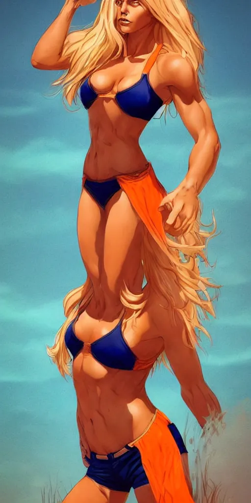 Image similar to a gorgeous hulking beast of a woman with very long hip-length blonde hair, wearing a cut-off white top and orange cut-off shorts standing by the water, in the style of artgerm and moebius and annie liebovitz, marvel comics, photorealistic, highly detailed, trending on artstation