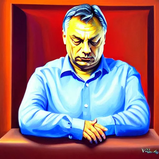 Image similar to viktor orban meditating in a cubicle, oil painting