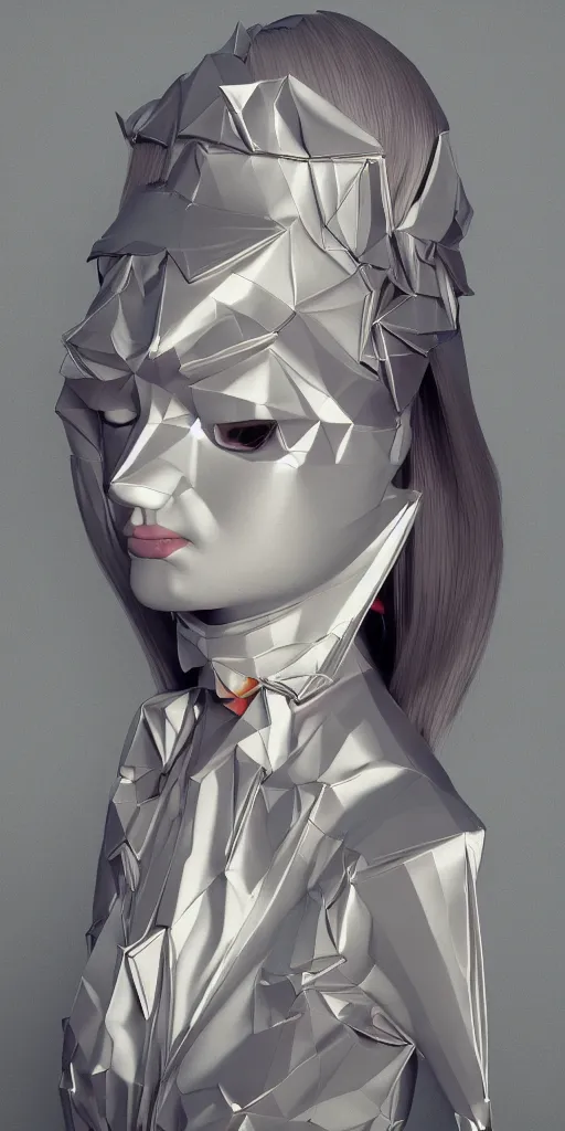 Prompt: porcelain doll woman colorful reflective metal couture dress, silver coins, paper origami, video game arcade, tropical lighting, 3D, very detailed, octane render, trending ArtStation, artgem