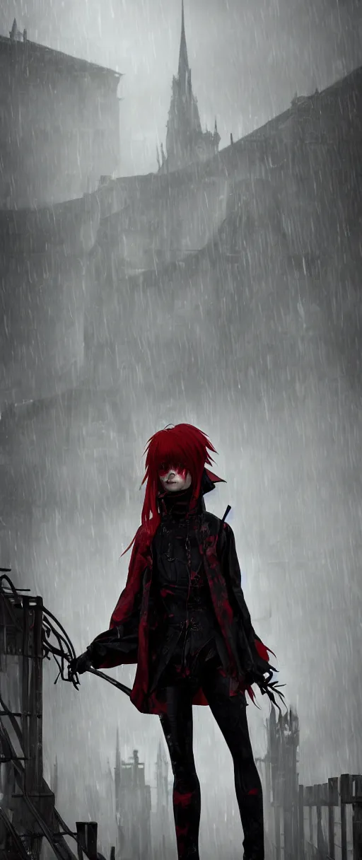 Image similar to goth Asuka Langley in a hood on the roof of a gothic house, Dishonored aesthetic, cinematic lighting, rainy weather, melancholy atmosphere, artstation, Dunwall city, gothic architecture, volumetric light, octane render, Dishonored game, Dishonored 1, depression and despair