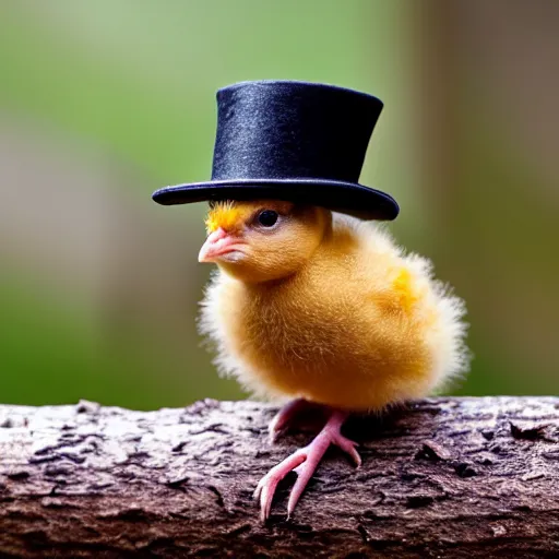 Prompt: a baby chick on a tree branch wearing a top hat, close up, dslr photo