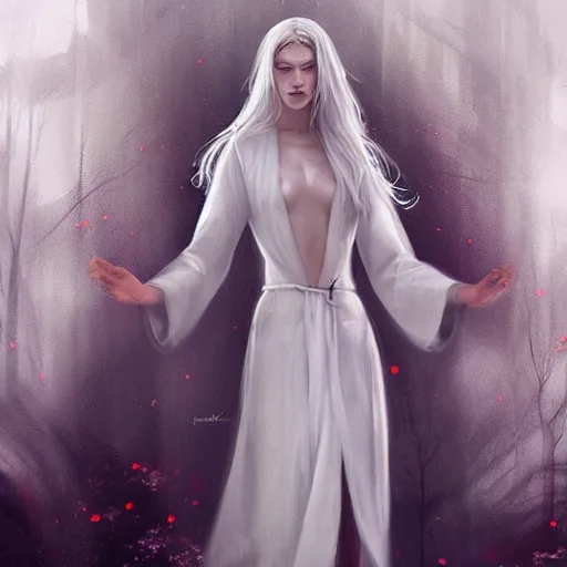 Prompt: white haired lady, white daoist robes, beautiful, ethereal, digital painting, highly detailed, full body, by Charlie bowater