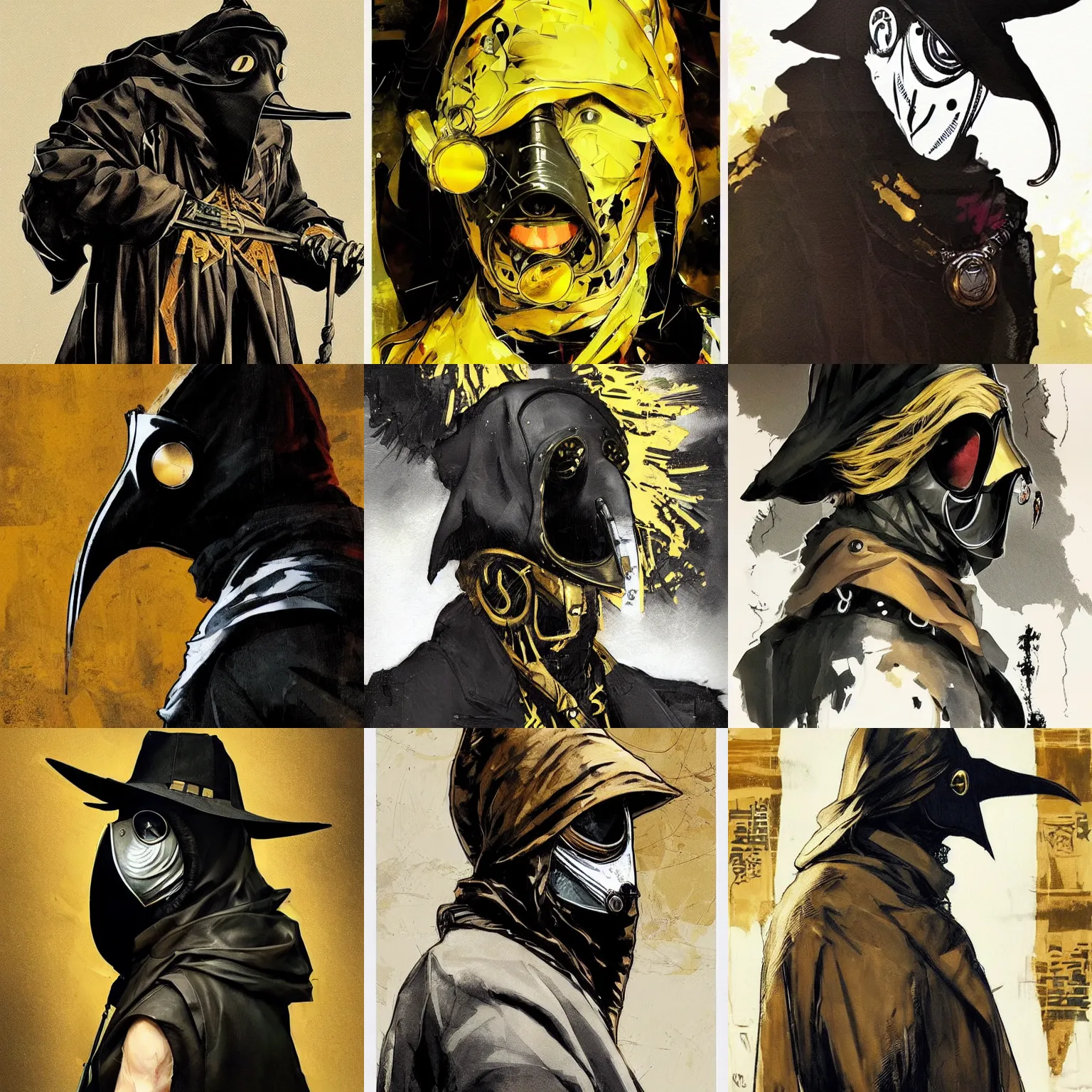 Prompt: a beautiful side portrait of a plague doctor. black and golden clothing. art by yoji shinkawa and sandra chevrier, trending on artstation, award - winning, perfect composition.