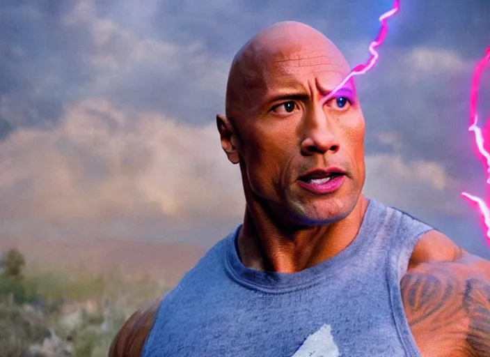 Image similar to film still of dwayne the rock johnson as eleven using psychic powers in the new stranger things movie, 4 k, highly detailed face, detailed eyes